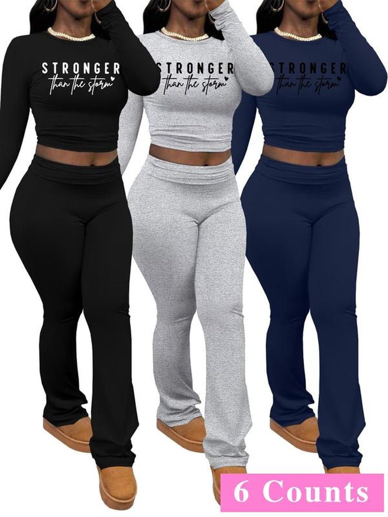 Chic Women's Letter Print Long Sleeve Crop Top & Leggings Set - Cozy Casual Outfit for Spring & Fall Outdoor Adventures - Bela Fils BoutiqueBela Fils Boutique