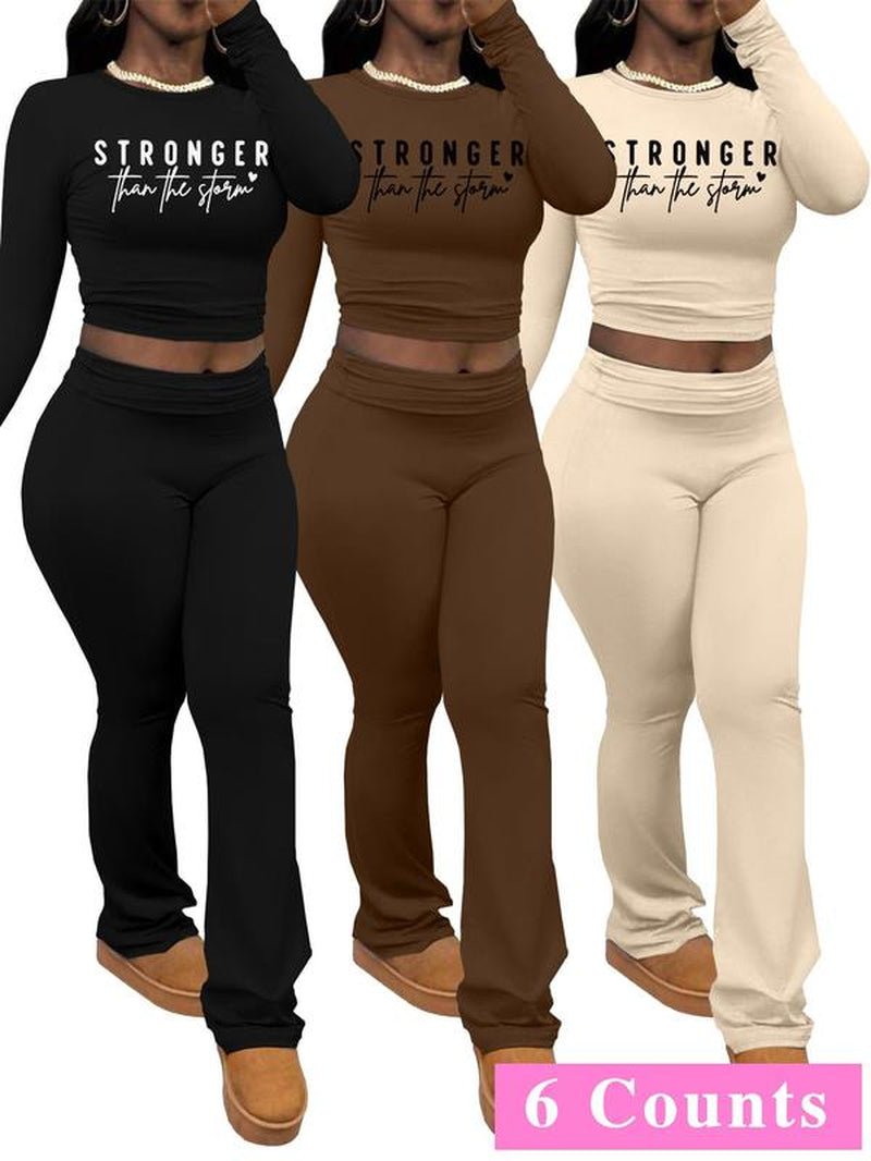 Chic Women's Letter Print Long Sleeve Crop Top & Leggings Set - Cozy Casual Outfit for Spring & Fall Outdoor Adventures - Bela Fils BoutiqueBela Fils Boutique