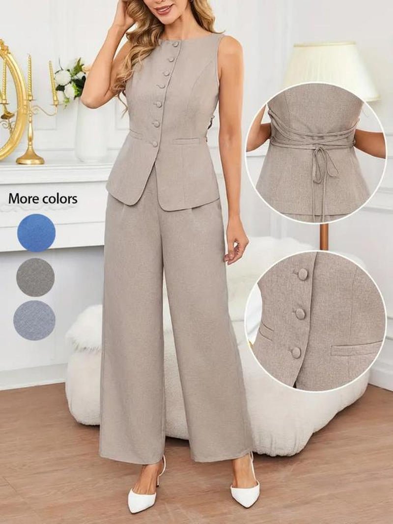Chic Women's Solid Color Button Front Vest & Wide Leg Pants - Elegant Summer Casual Outfit for Every Occasion - Bela Fils BoutiqueBela Fils Boutique