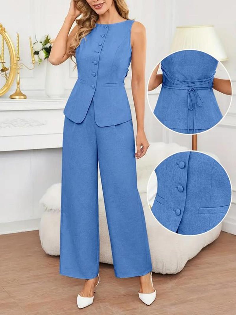 Chic Women's Solid Color Button Front Vest & Wide Leg Pants - Elegant Summer Casual Outfit for Every Occasion - Bela Fils BoutiqueBela Fils Boutique