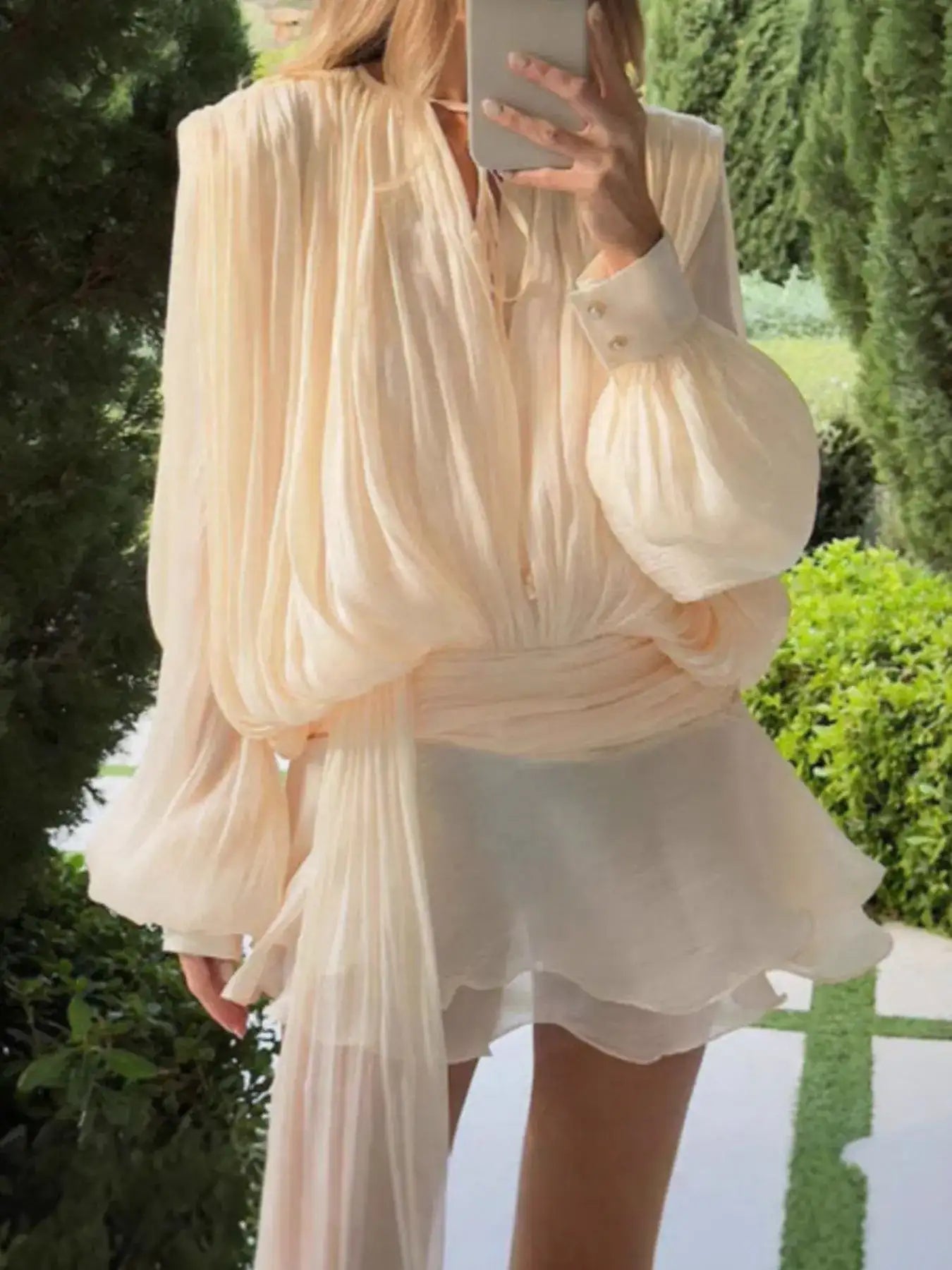 Chiffon Tie Neck Long Sleeve Mini Dress - Bela Fils BoutiqueBela Fils Boutique