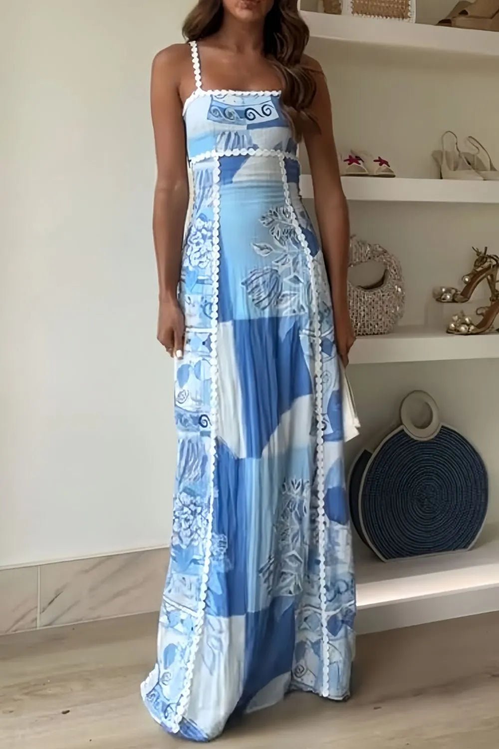 Cutout Back Printed Square Neck Maxi Dress - Bela Fils BoutiqueBela Fils Boutique