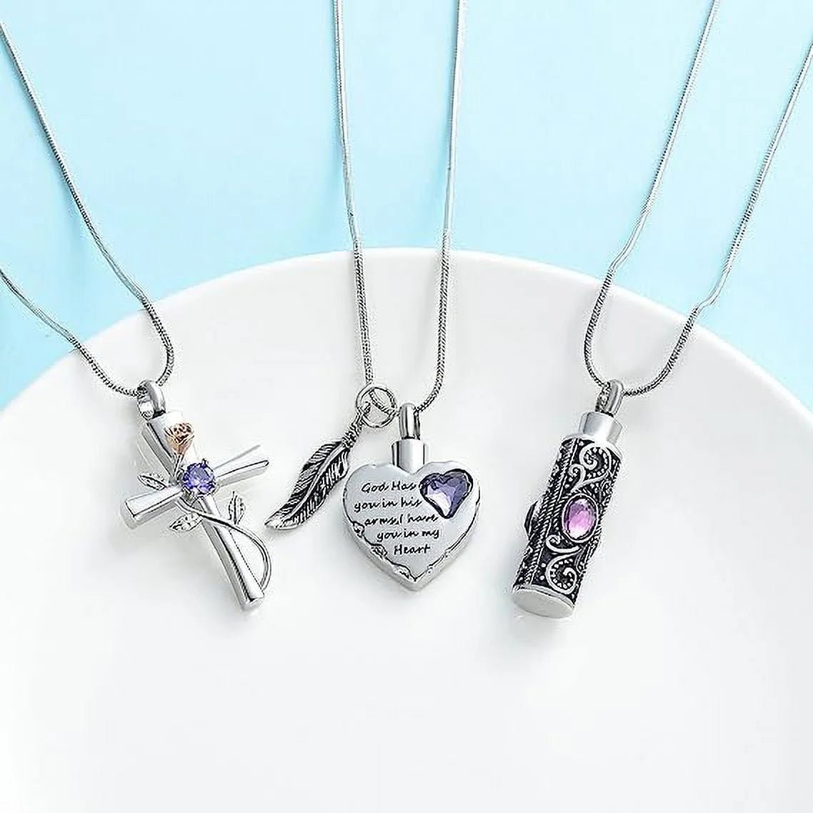 Cylinder Cross Heart Memorial Urn Necklace, Stainless Steel, 3 Pieces Set - Bela Fils BoutiqueBela Fils Boutique