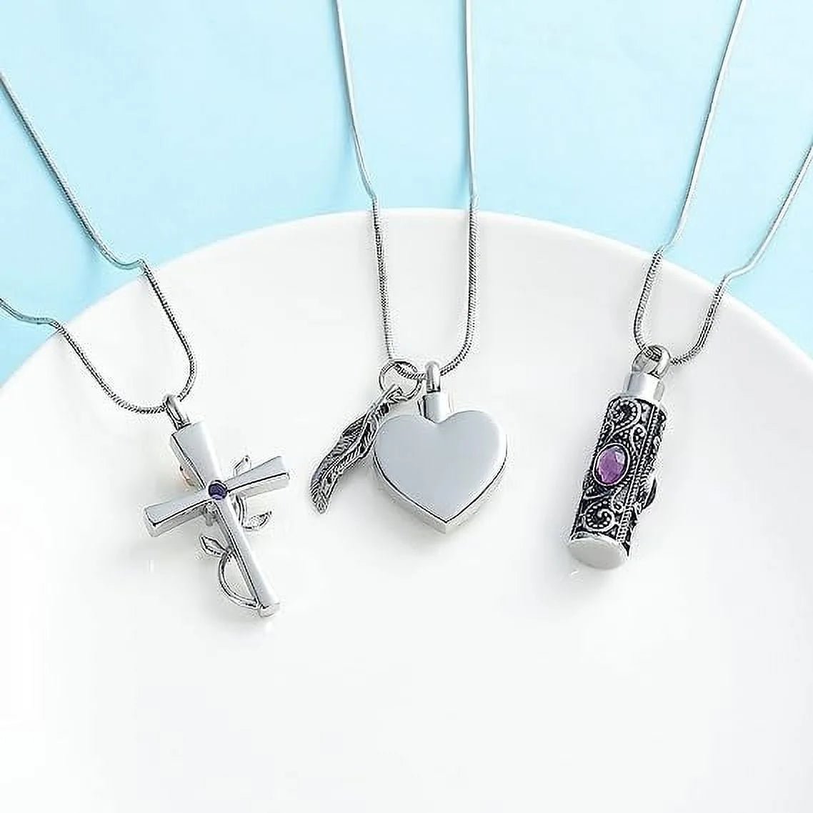 Cylinder Cross Heart Memorial Urn Necklace, Stainless Steel, 3 Pieces Set - Bela Fils BoutiqueBela Fils Boutique