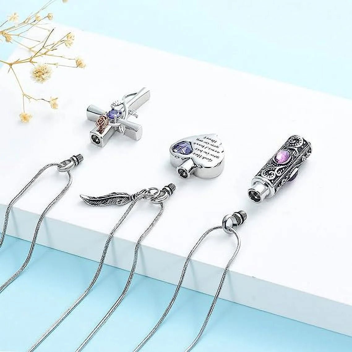 Cylinder Cross Heart Memorial Urn Necklace, Stainless Steel, 3 Pieces Set - Bela Fils BoutiqueBela Fils Boutique