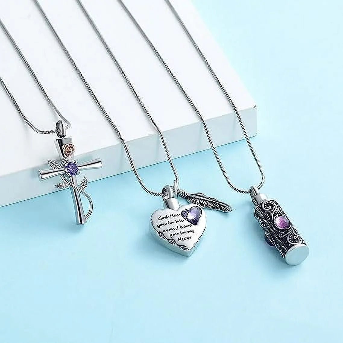 Cylinder Cross Heart Memorial Urn Necklace, Stainless Steel, 3 Pieces Set - Bela Fils BoutiqueBela Fils Boutique