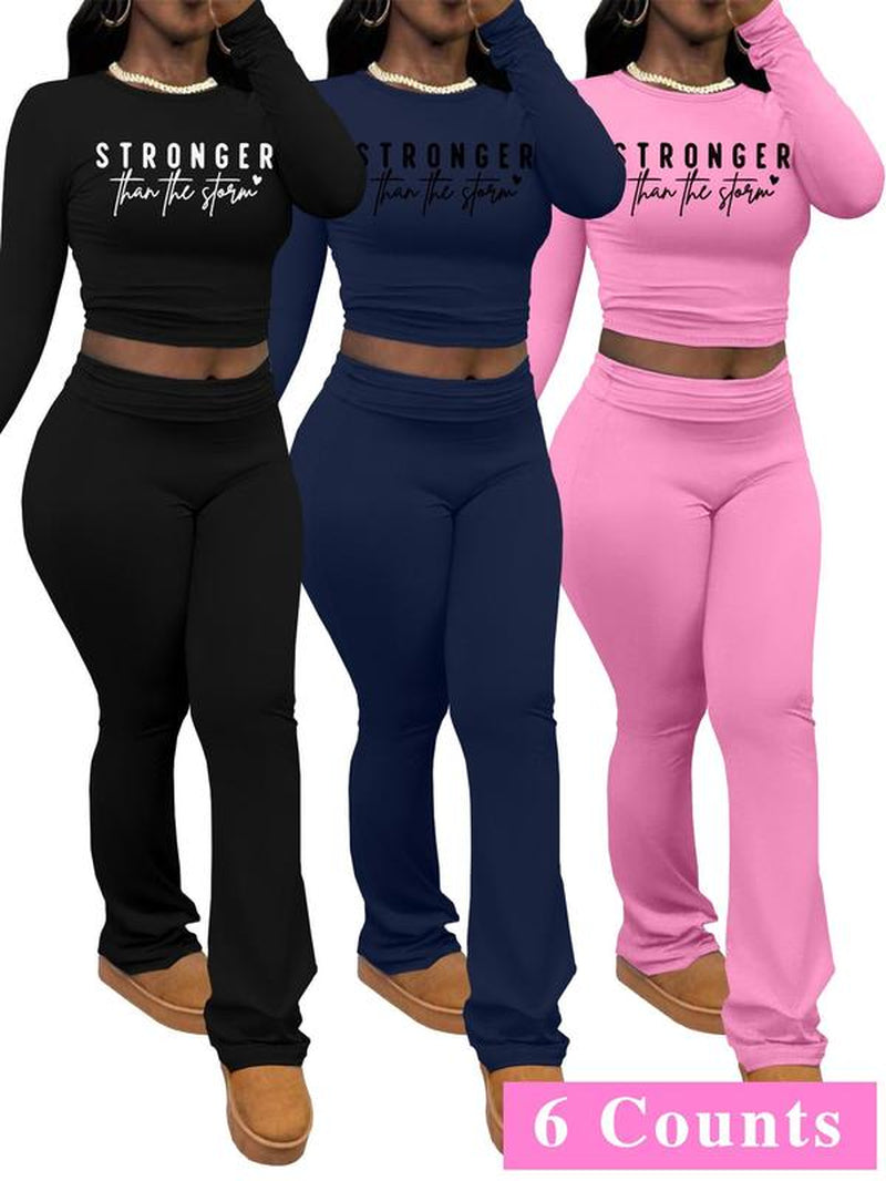 Chic Women's Letter Print Long Sleeve Crop Top & Leggings Set - Cozy Casual Outfit for Spring & Fall Outdoor Adventures
