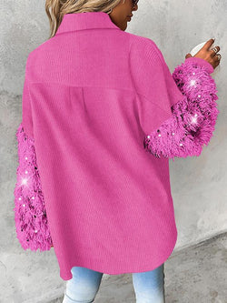 Women'S Colorblock Fuzzy Trim Long Sleeve Jacket, Casual Fashion Button Front Outerwear for Daily Outdoor Wear, Women Clothing for Fall & Winter