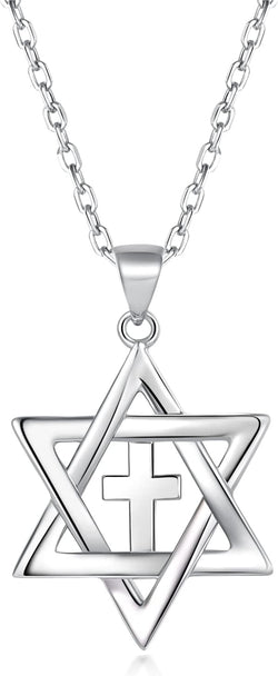 Jewish Messianic Necklace for Women and Men, Silver / 18K Gold Plated Small Star of David and Cross Pendant Jewelry, Chain Length 18" with Extension Chain 2"