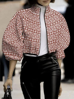 Women'S All over Print Zip up Mock Neck Jacket, Fashion Casual Lantern Sleeve Outerwear for Daily Outdoor Wear, Women Clothing for Spring Fall