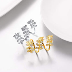 Statement Rings Cocktail Party Jewelry Platinum or 18K Gold Plated Adjustable Clear CZ Long Leaf Ring for Men Women