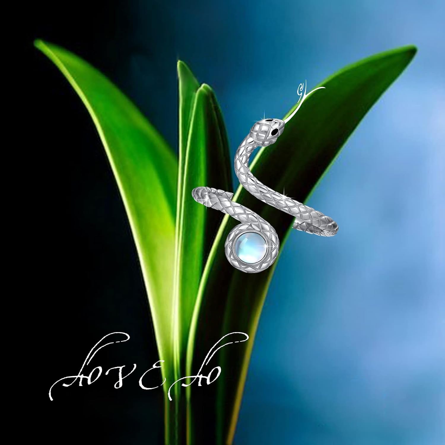 Snake Rings 925 Sterling Silver Opening Wrap Adjustable Size Rainbow Moonstone Ring Spoon Serpent Ring Gifts for Snake Lover Goth Cool Dainty Jewelry for Women Men Girlfriend