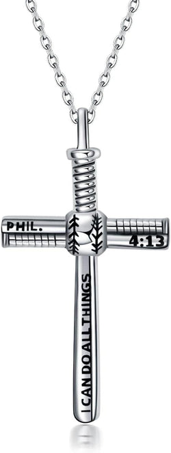 Baseball Cross Necklace Sterling Silver Sports Baseball Bat Cross Necklace Strength Bible Verse Cross Pendant Jewelry Gifts for Women (Baseball Cross Necklace)