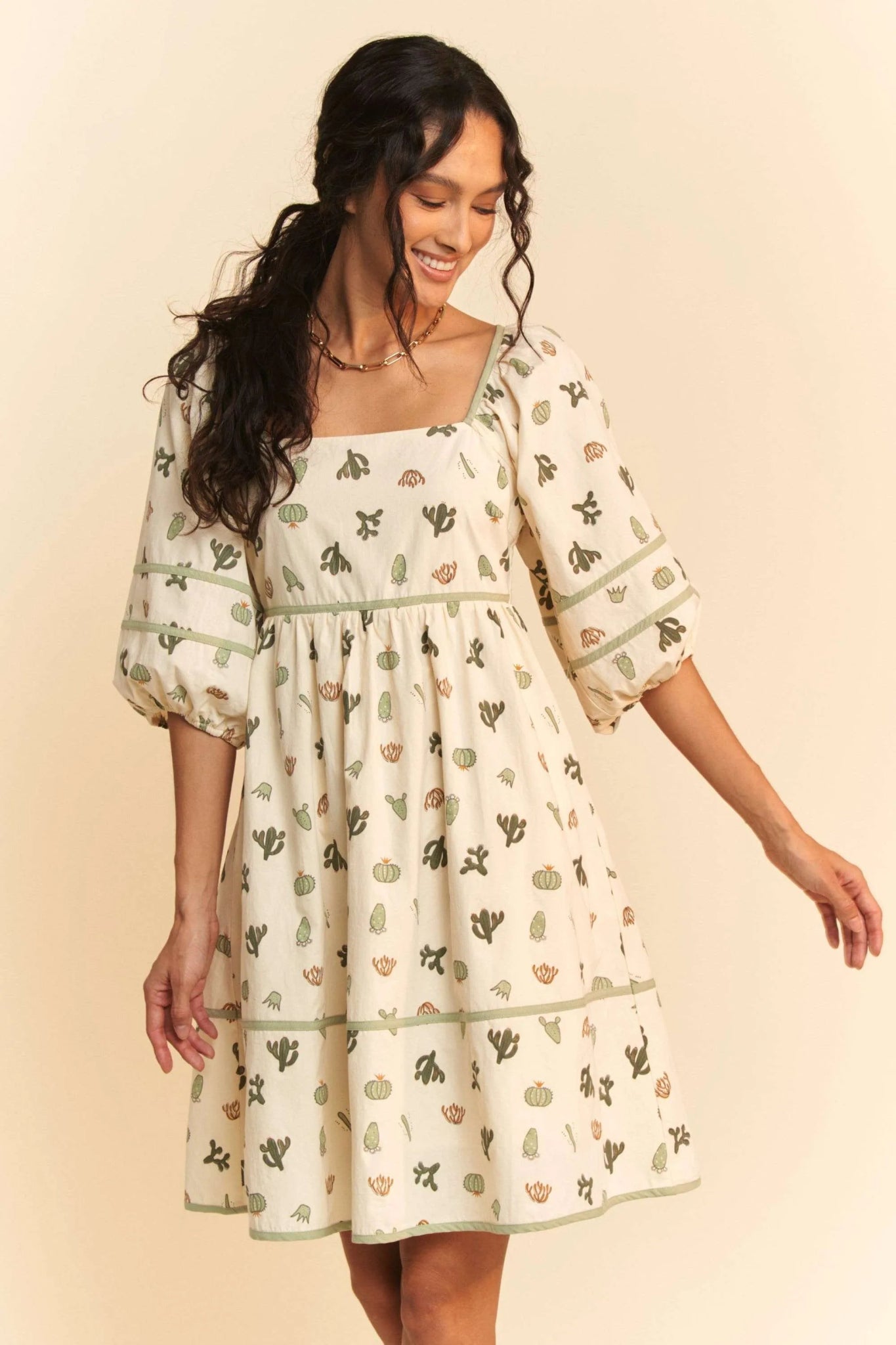 Davi & Dani Cactus Printed Poplin Contrast Piping Mini Dress - Bela Fils BoutiqueBela Fils Boutique