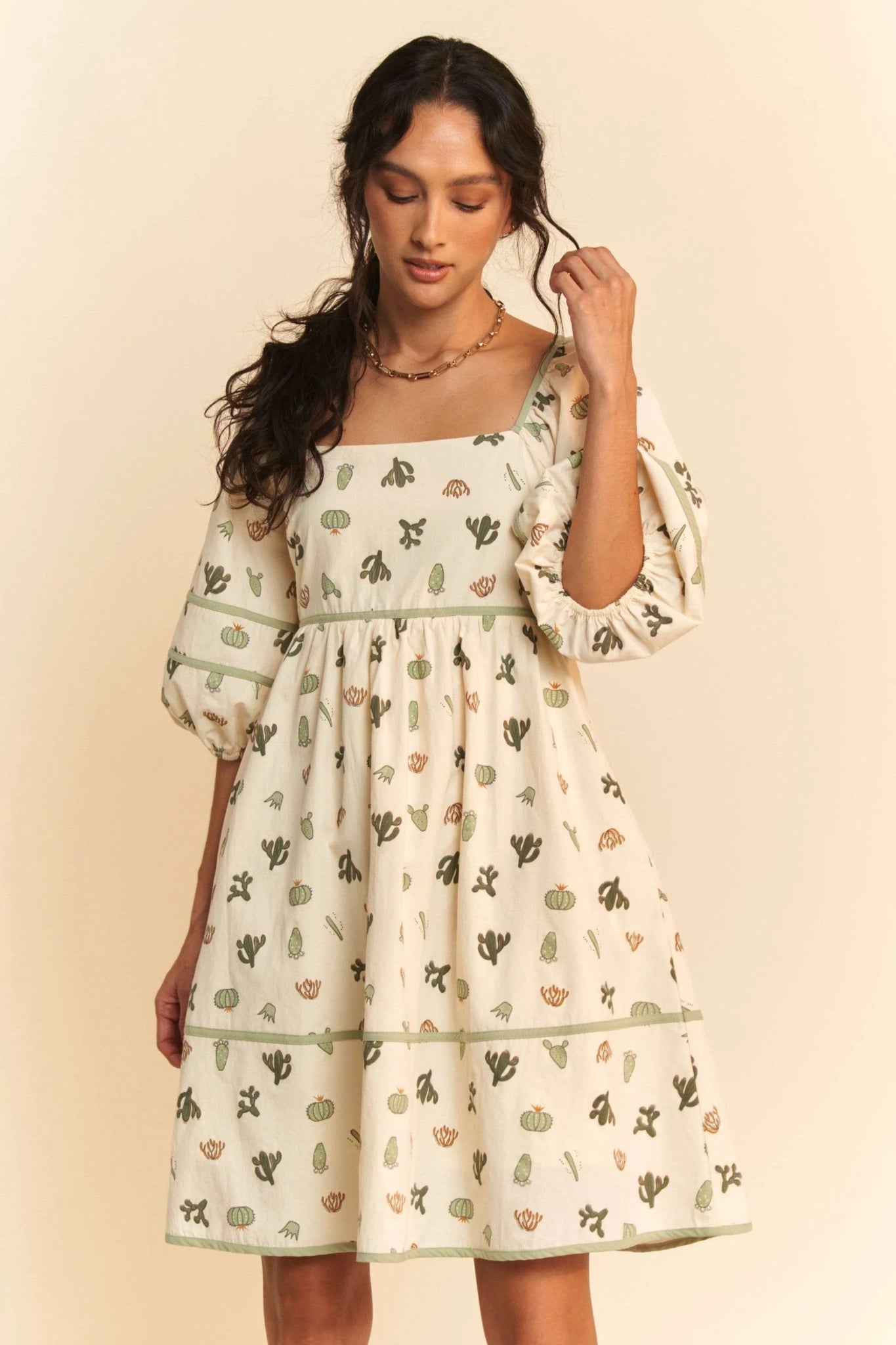 Davi & Dani Cactus Printed Poplin Contrast Piping Mini Dress - Bela Fils BoutiqueBela Fils Boutique