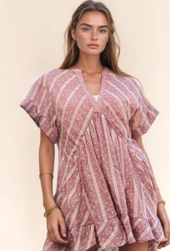 Davi & Dani Embroidery V Neck Short Sleeve Ruffled Mini Dress - Bela Fils BoutiqueBela Fils Boutique