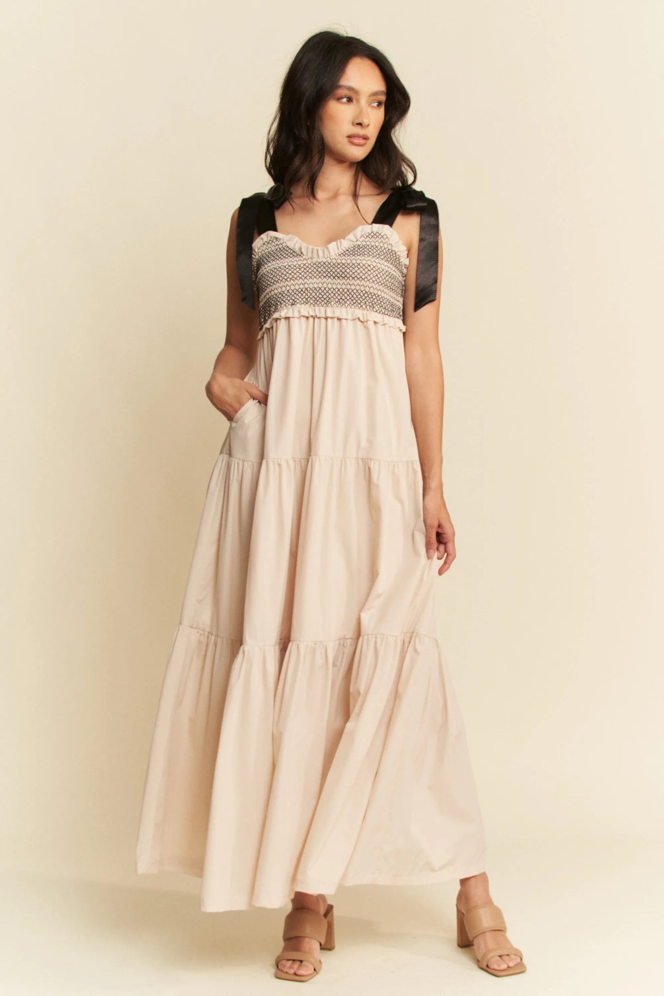 Davi & Dani Multi Contrast Smocked Bodice Straps Maxi Dress - Bela Fils BoutiqueBela Fils Boutique