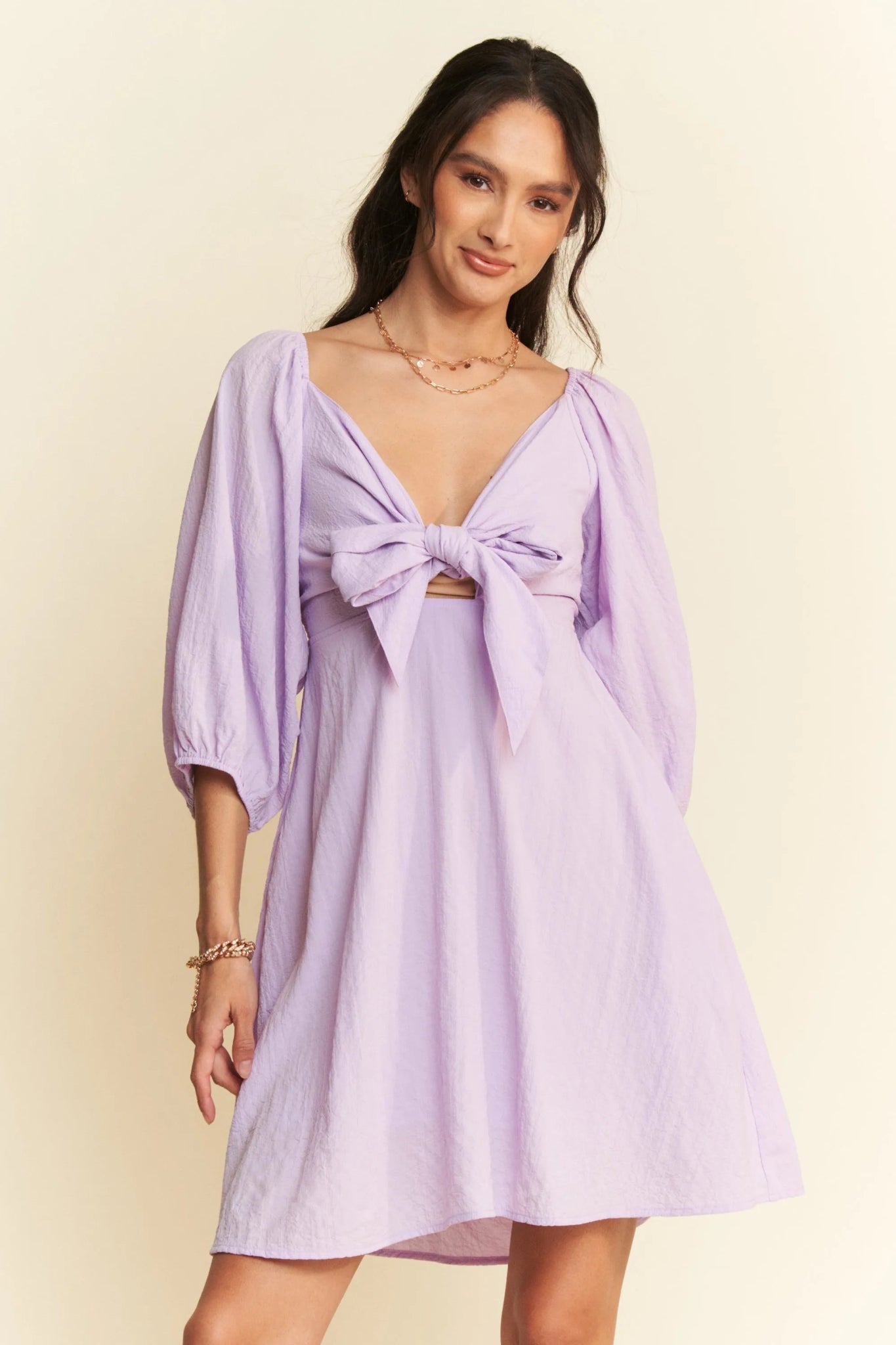 Davi & Dani Self - Tie Puff Sleeve Smocking Open Back Mini Dress - Bela Fils BoutiqueBela Fils Boutique