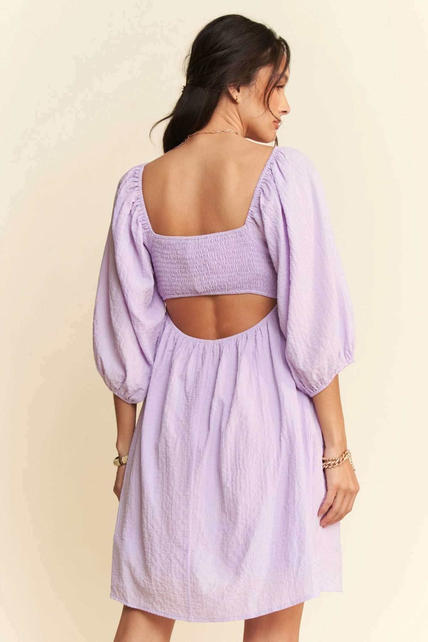 Davi & Dani Self - Tie Puff Sleeve Smocking Open Back Mini Dress - Bela Fils BoutiqueBela Fils Boutique