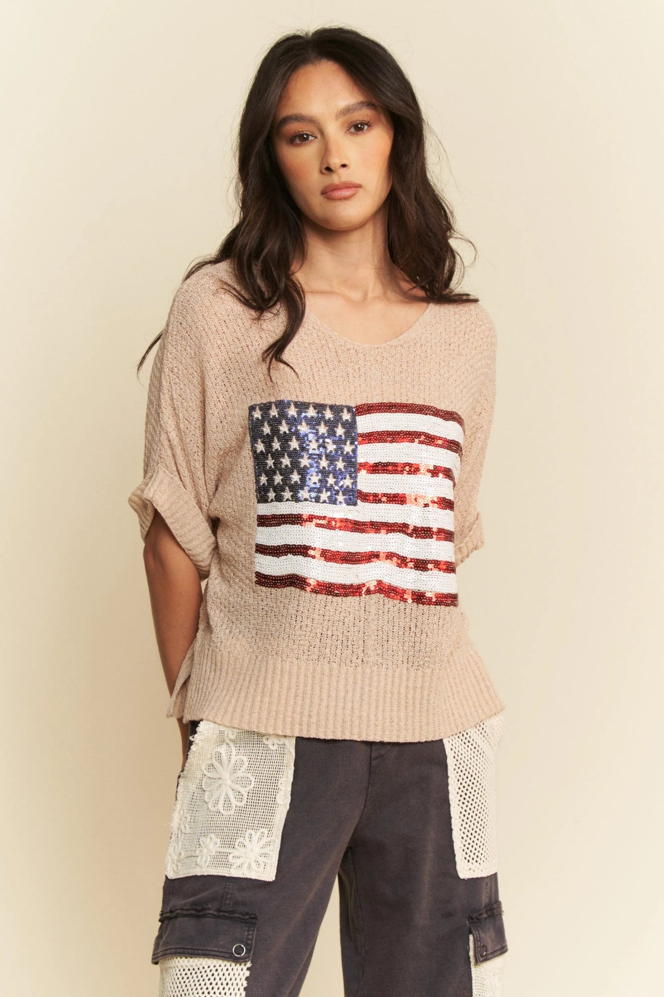 Davi & Dani Sequin American Flag Patch Short Sleeve Knit Top - Bela Fils BoutiqueBela Fils Boutique