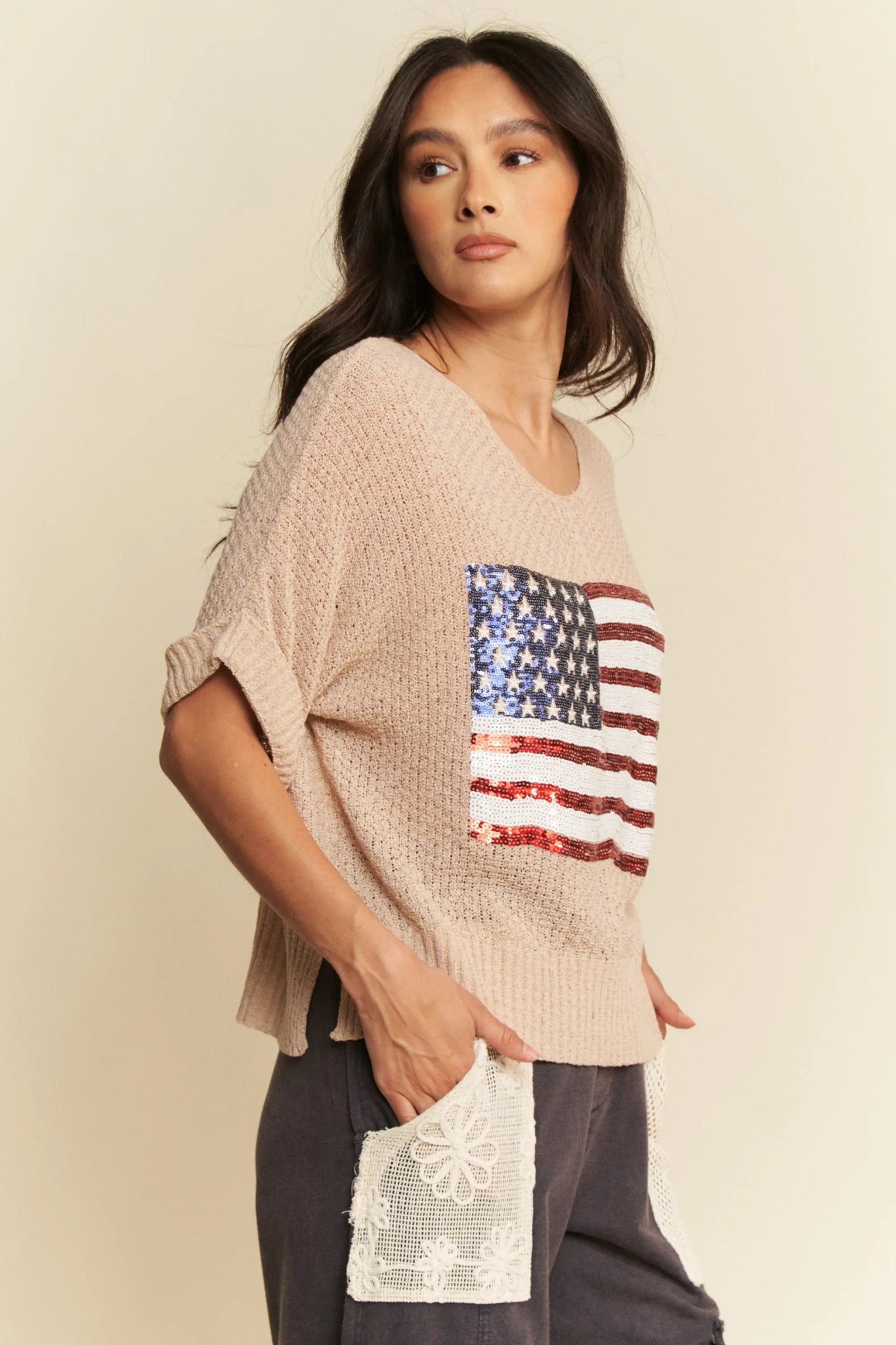 Davi & Dani Sequin American Flag Patch Short Sleeve Knit Top - Bela Fils BoutiqueBela Fils Boutique