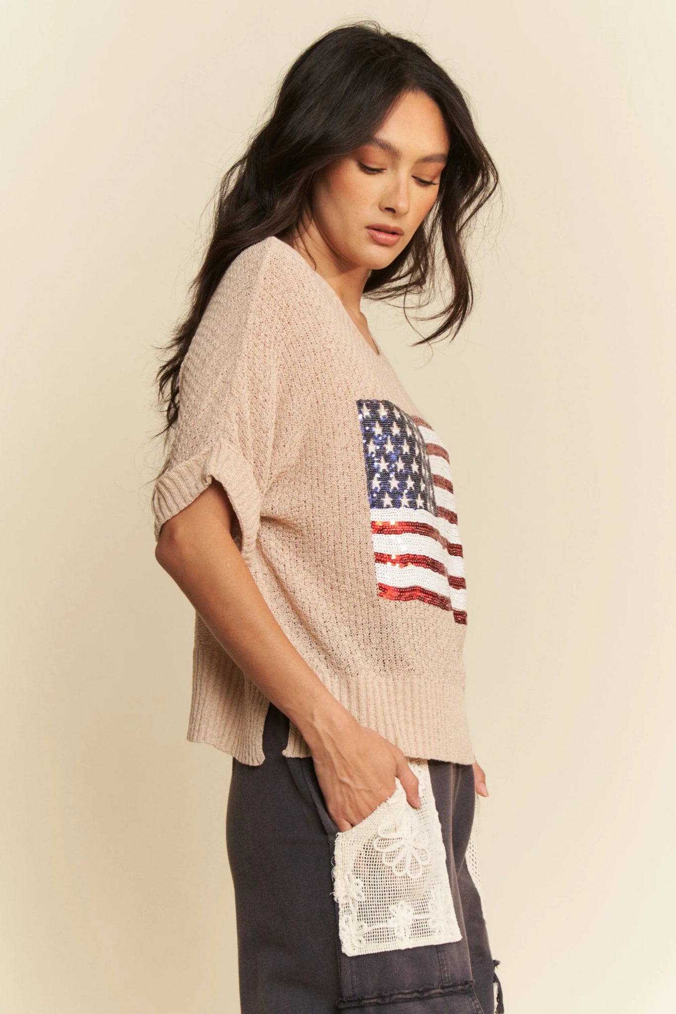 Davi & Dani Sequin American Flag Patch Short Sleeve Knit Top - Bela Fils BoutiqueBela Fils Boutique