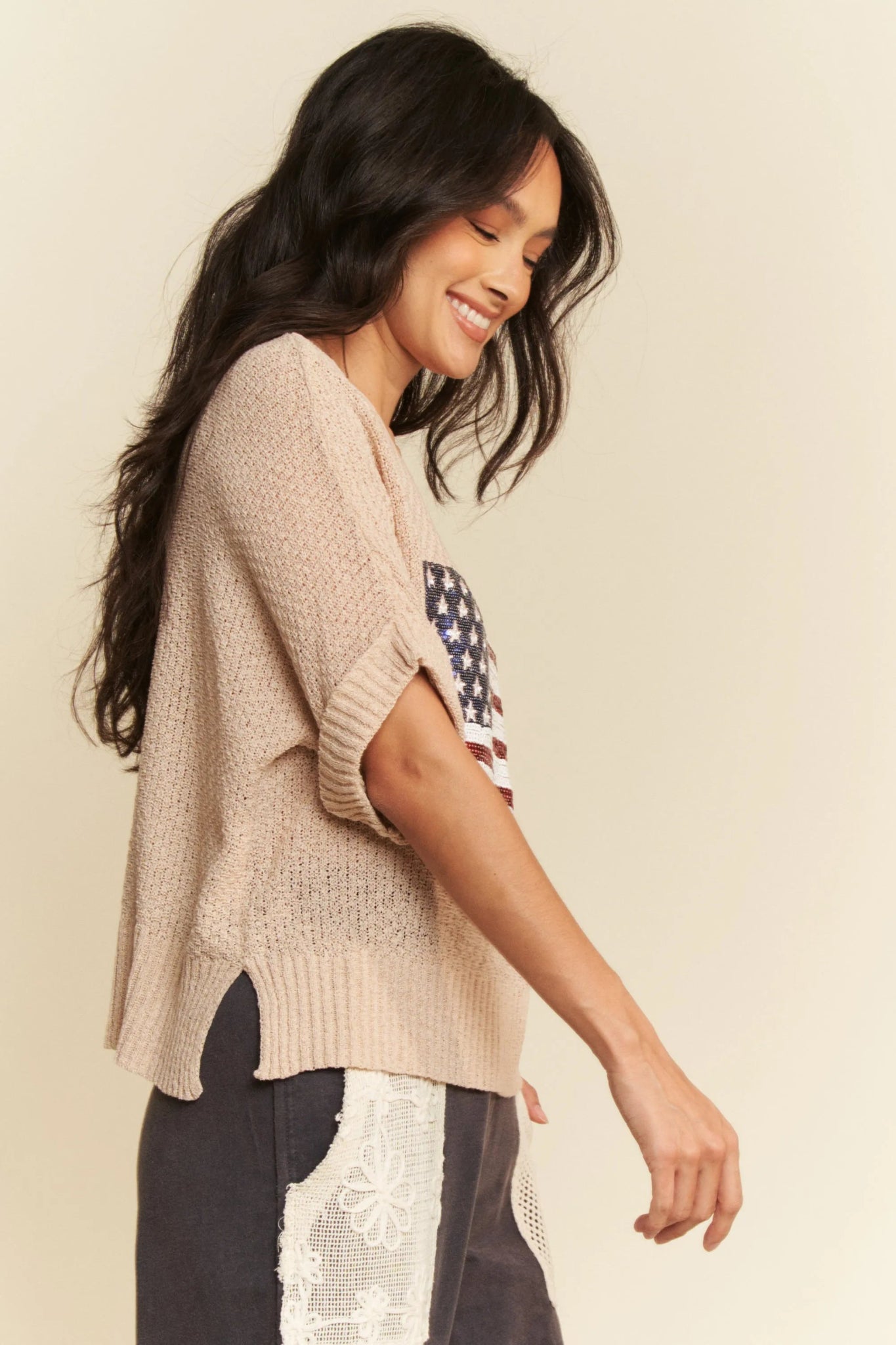 Davi & Dani Sequin American Flag Patch Short Sleeve Knit Top - Bela Fils BoutiqueBela Fils Boutique