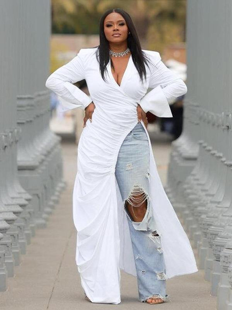 Women'S Plain Ruched Split Hem V Neck Long Blouse, Fashion Casual Asymmetrical Hem Long Sleeve Collared Top for Daily Outdoor Wear, Women Clothing for Fall & Winter, Going Out Tops, Fall Clothing Women， Blouse for Women， Fashion Blouse
