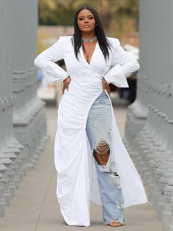 Women'S Plain Ruched Split Hem V Neck Long Blouse, Fashion Casual Asymmetrical Hem Long Sleeve Collared Top for Daily Outdoor Wear, Women Clothing for Fall & Winter, Going Out Tops, Fall Clothing Women， Blouse for Women， Fashion Blouse