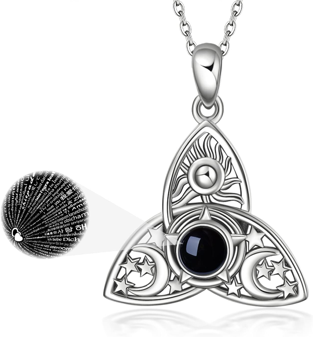 Triple Moon Goddess Triquetra Necklace Sterling Silver I Love You 100 Languages Pentagram Pentacle Pendant Necklace Pagan Wiccan Jewelry for Women Men