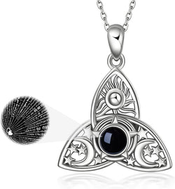 Triple Moon Goddess Triquetra Necklace Sterling Silver I Love You 100 Languages Pentagram Pentacle Pendant Necklace Pagan Wiccan Jewelry for Women Men
