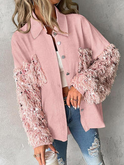 Women'S Colorblock Fuzzy Trim Long Sleeve Jacket, Casual Fashion Button Front Outerwear for Daily Outdoor Wear, Women Clothing for Fall & Winter