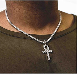 18K Gold Iced Out Cross Pendant 316L Stainless Steel Cuban Link Chain Necklace for Men(Silver Tennis Cross Chain 20Inch)