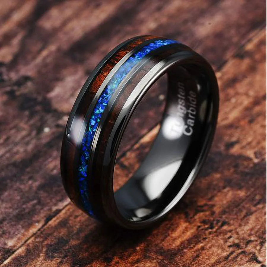 Gunmetal Tungsten Ring for Men Koa Wood Blue Opal Inlaid Wedding Band Promise Size 6-16 (Tungsten, 13.5)