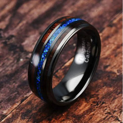 Gunmetal Tungsten Ring for Men Koa Wood Blue Opal Inlaid Wedding Band Promise Size 6-16 (Tungsten, 13.5)