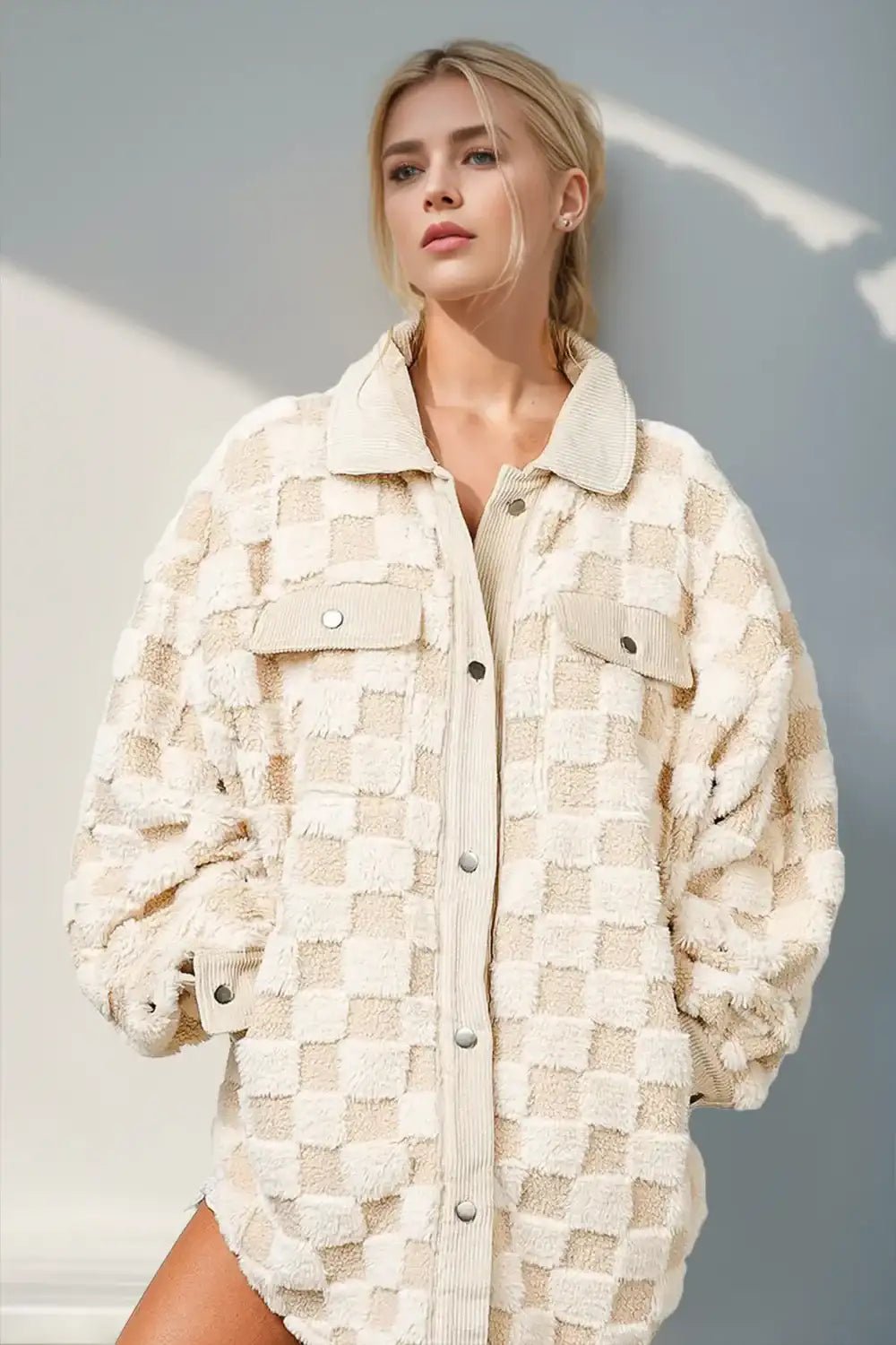 Double Take Button Up Fuzzy Checkered Shacket - Bela Fils BoutiqueBela Fils Boutique