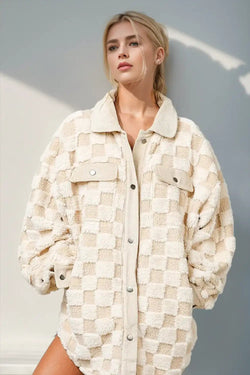 Double Take Button Up Fuzzy Checkered Shacket - Bela Fils BoutiqueBela Fils Boutique