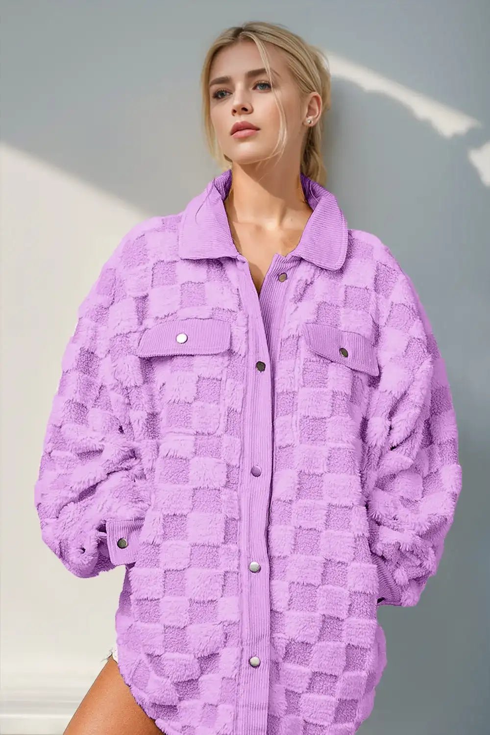 Double Take Button Up Fuzzy Checkered Shacket - Bela Fils BoutiqueBela Fils Boutique