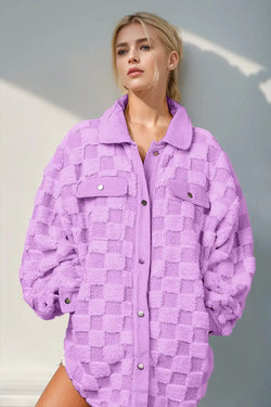 Double Take Button Up Fuzzy Checkered Shacket - Bela Fils BoutiqueBela Fils Boutique