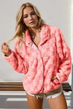 Double Take Checkered Long Sleeve Fuzzy Jacket - Bela Fils BoutiqueBela Fils Boutique