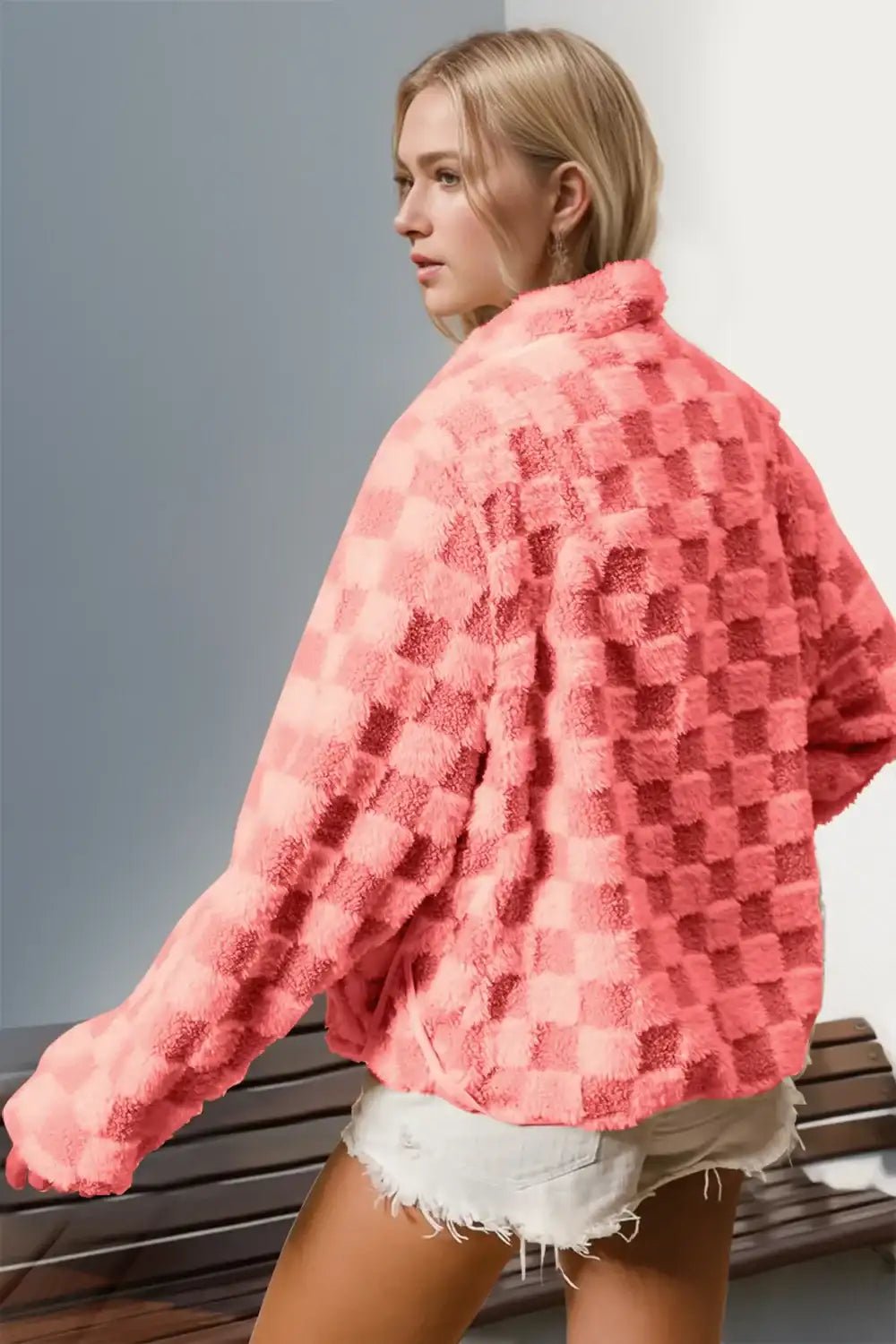 Double Take Checkered Long Sleeve Fuzzy Jacket - Bela Fils BoutiqueBela Fils Boutique