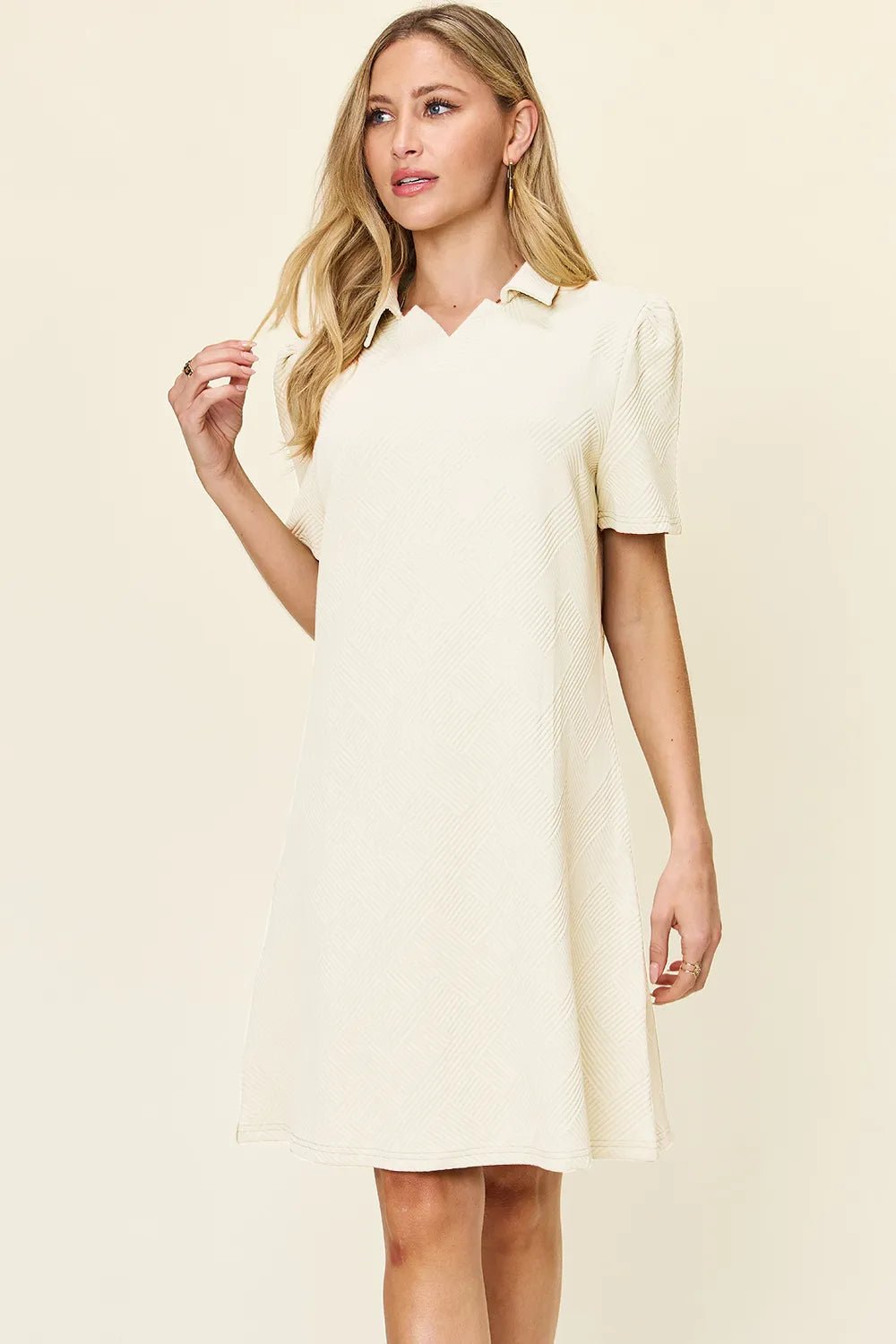 Double Take Collared Short Sleeve Textured Dress - Bela Fils BoutiqueBela Fils Boutique