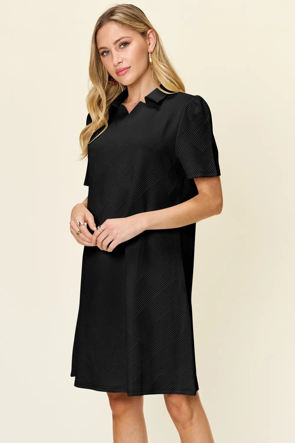 Double Take Collared Short Sleeve Textured Dress - Bela Fils BoutiqueBela Fils Boutique