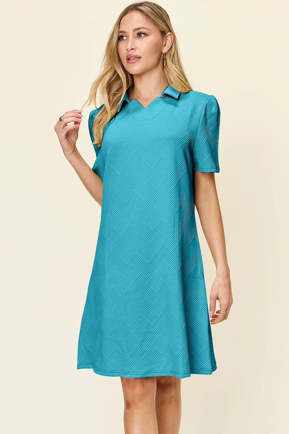 Double Take Collared Short Sleeve Textured Dress - Bela Fils BoutiqueBela Fils Boutique