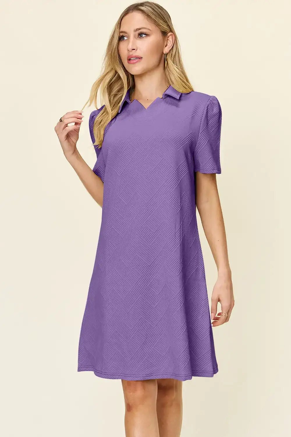 Double Take Collared Short Sleeve Textured Dress - Bela Fils BoutiqueBela Fils Boutique