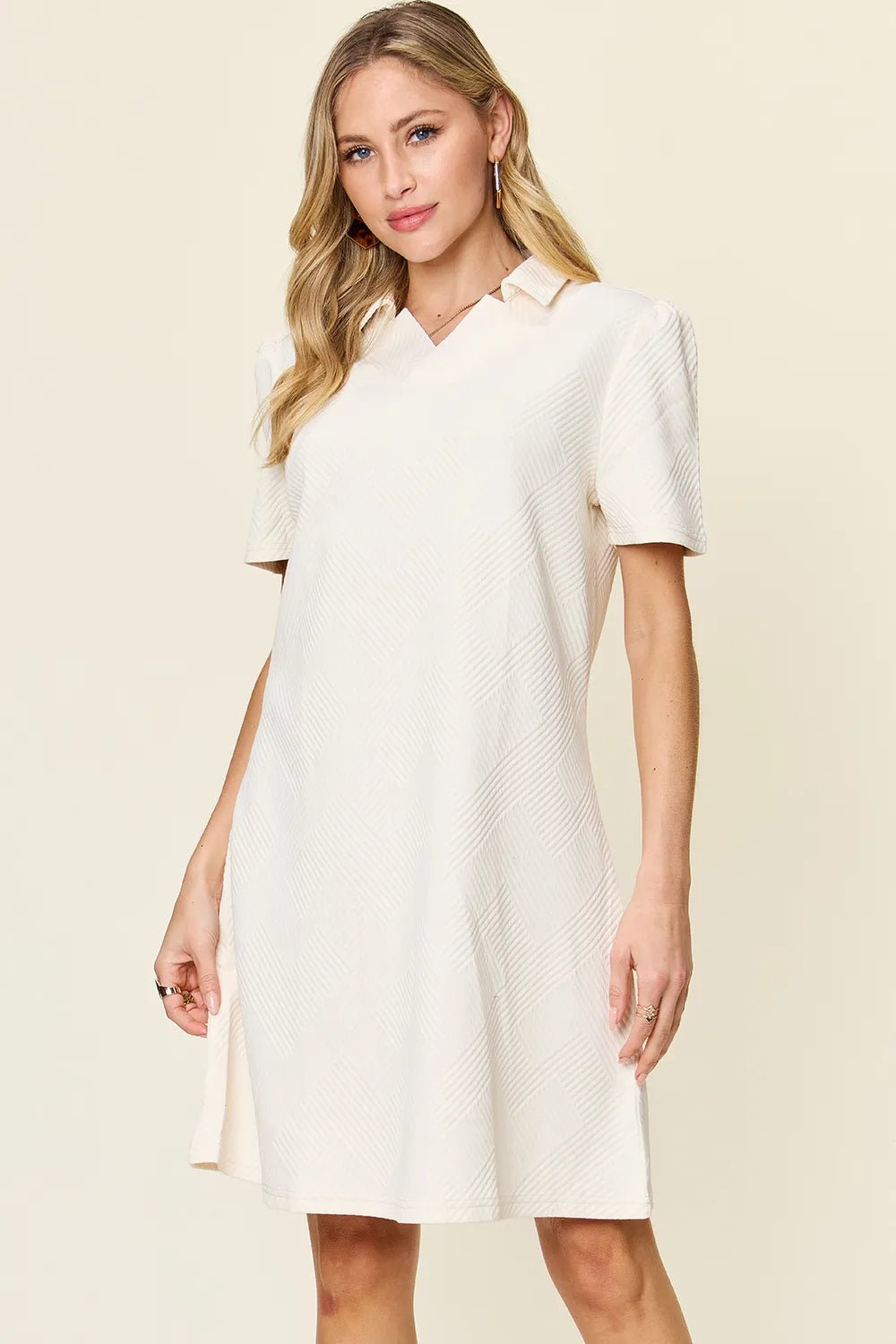 Double Take Collared Short Sleeve Textured Dress - Bela Fils BoutiqueBela Fils Boutique