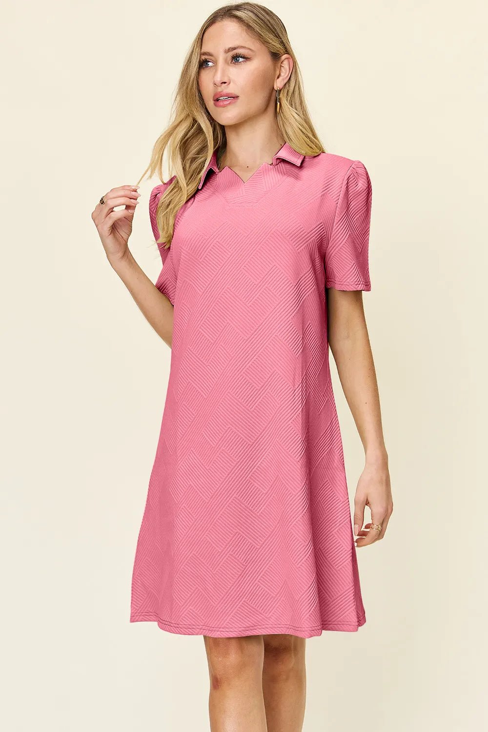 Double Take Collared Short Sleeve Textured Dress - Bela Fils BoutiqueBela Fils Boutique