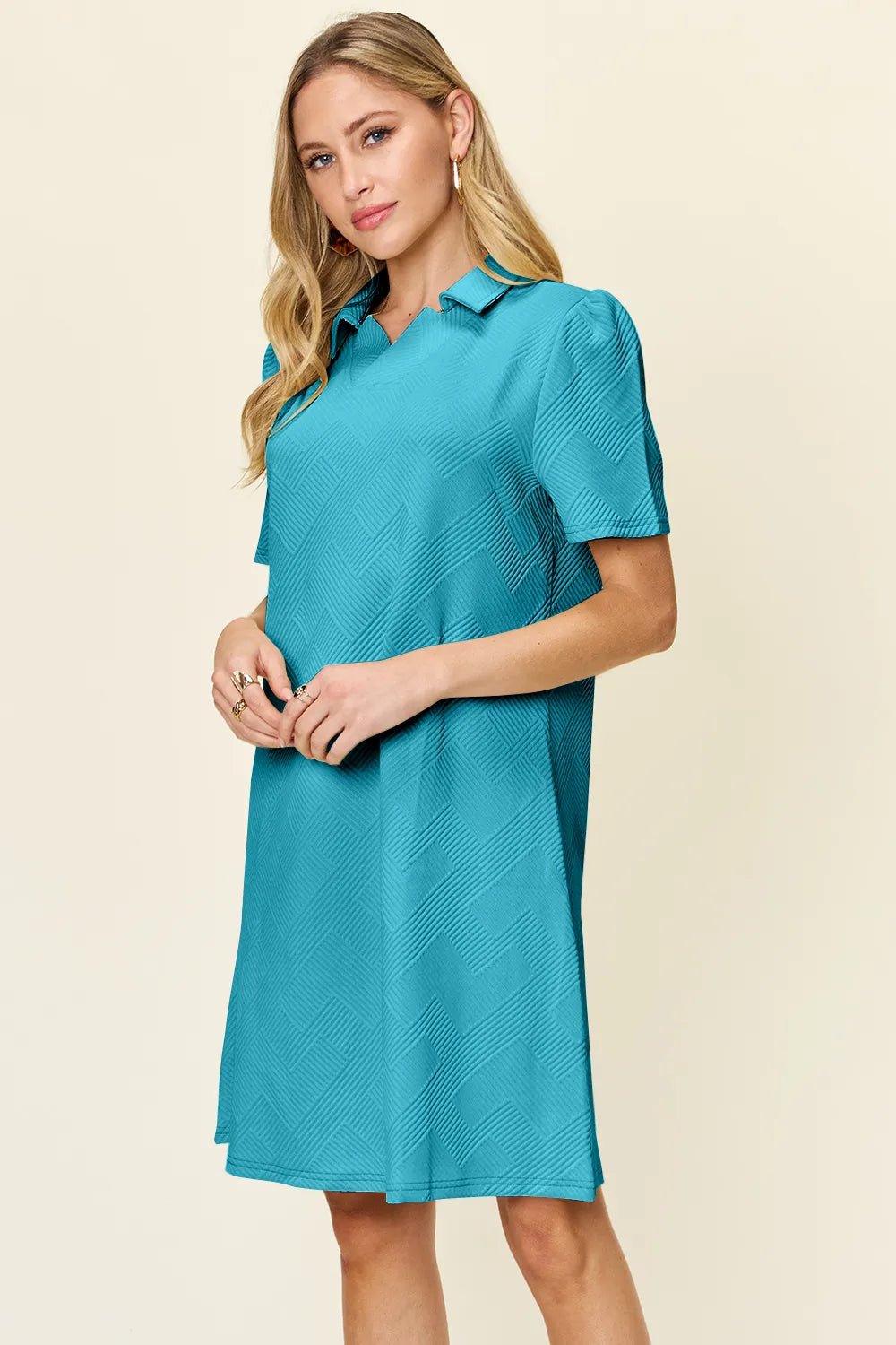 Double Take Collared Short Sleeve Textured Dress - Bela Fils BoutiqueBela Fils Boutique