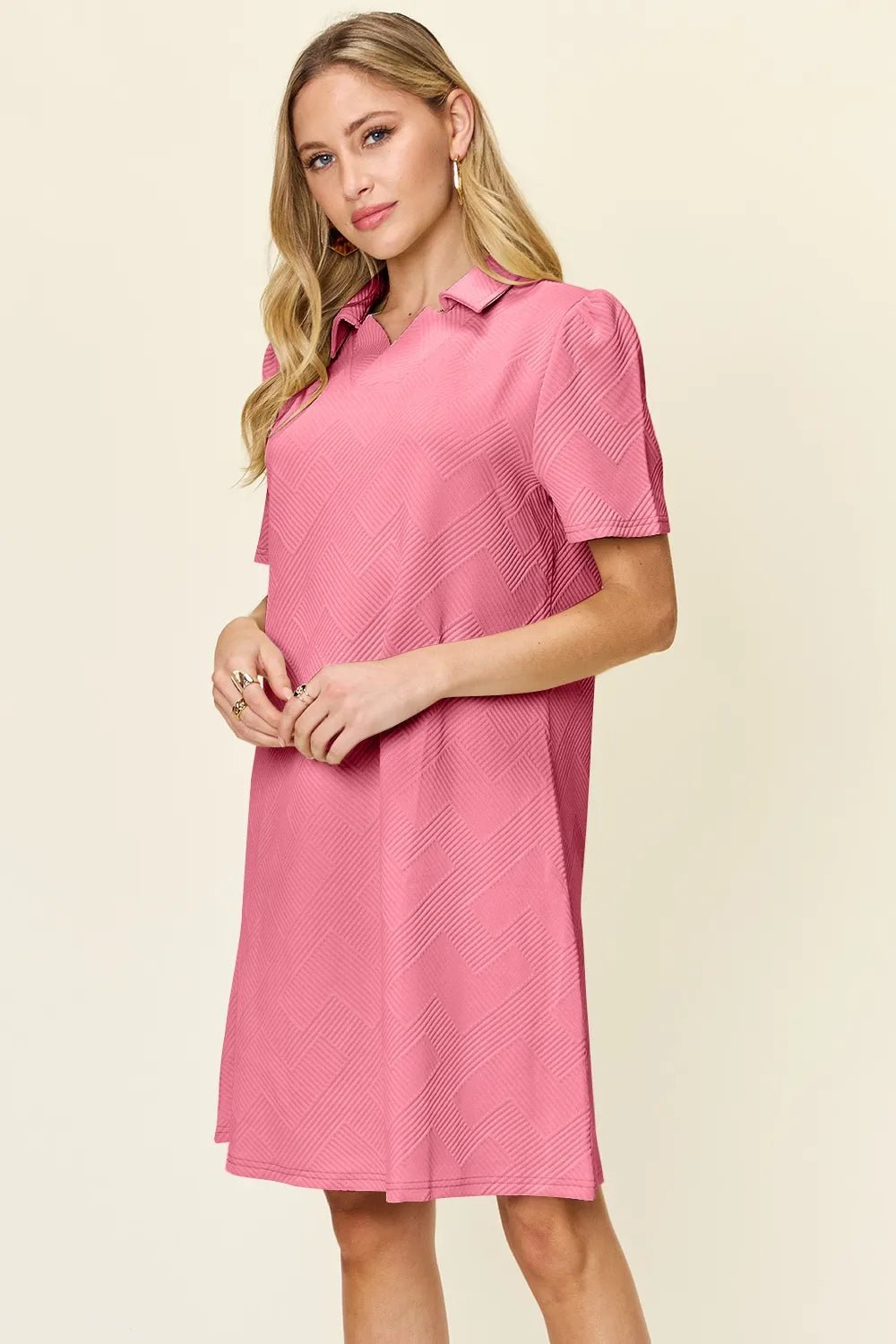 Double Take Collared Short Sleeve Textured Dress - Bela Fils BoutiqueBela Fils Boutique