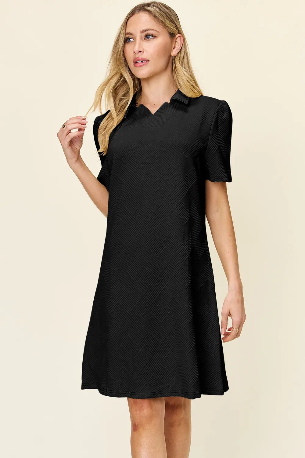 Double Take Collared Short Sleeve Textured Dress - Bela Fils BoutiqueBela Fils Boutique